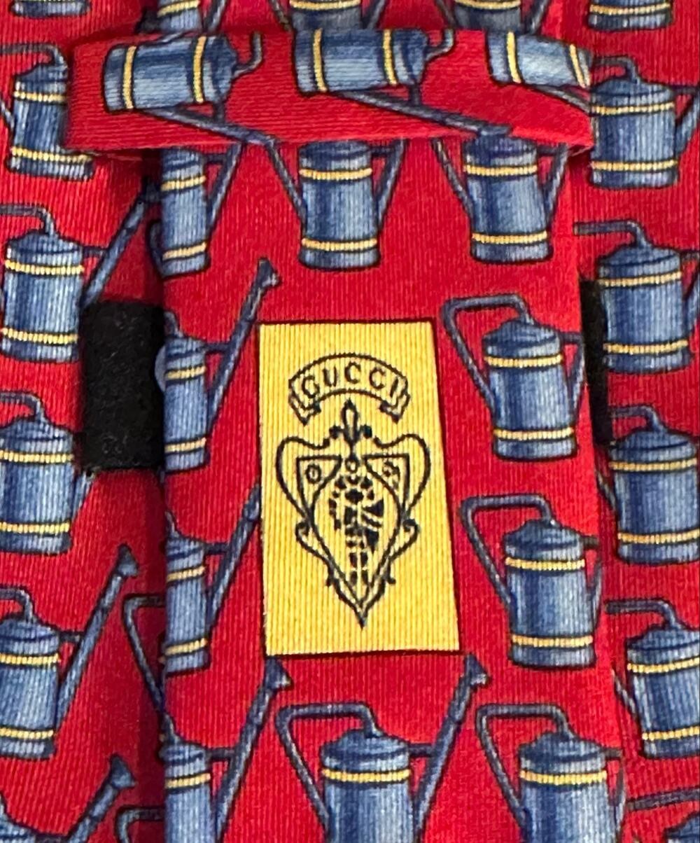 Gucci Men’s Silk Tie Red Blue Watering Can Novelty Print Made in Italy
